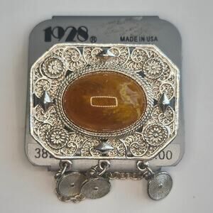 1928 Silver Tone Filigree Faux Amber Cabochon Fringe Dangle Brooch Pin USA 2.25